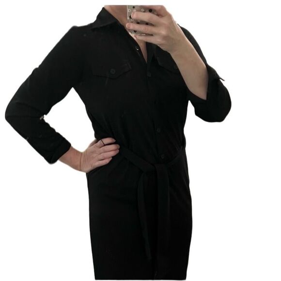 Y2K Maxi Shirt Dress Andrea Jovine Black long Sleeve Button Up Stretch Relaxed S - Picture 2 of 16